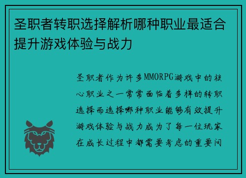 圣职者转职选择解析哪种职业最适合提升游戏体验与战力